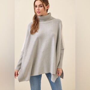 Knit Poncho Turtleneck Top in Grey
